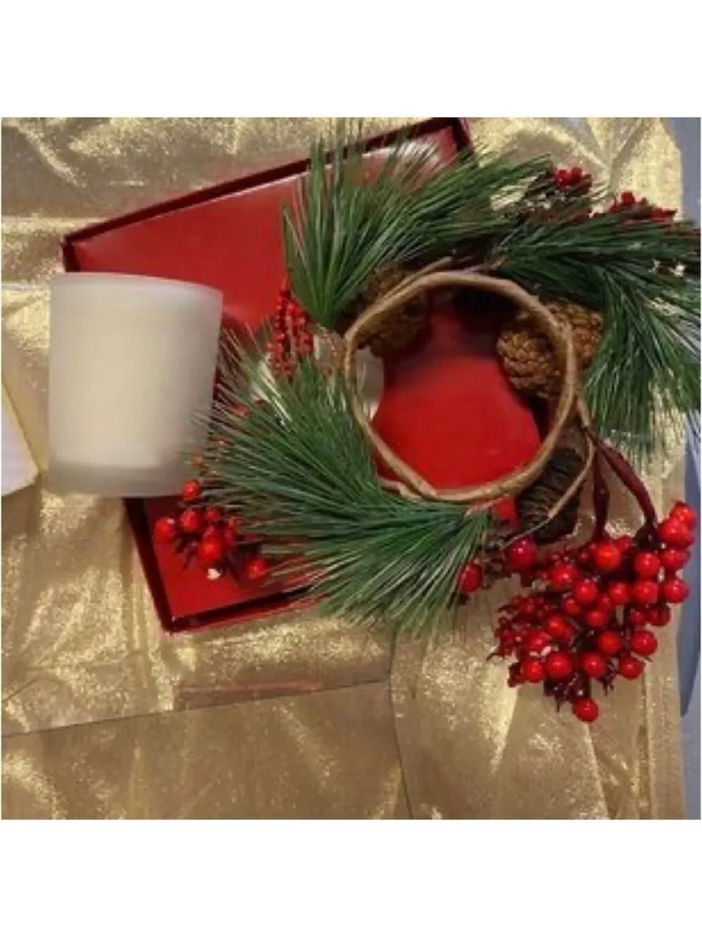 Holiday Centerpiece with votive candle - Greenery, Pinecones, Berries, Ring